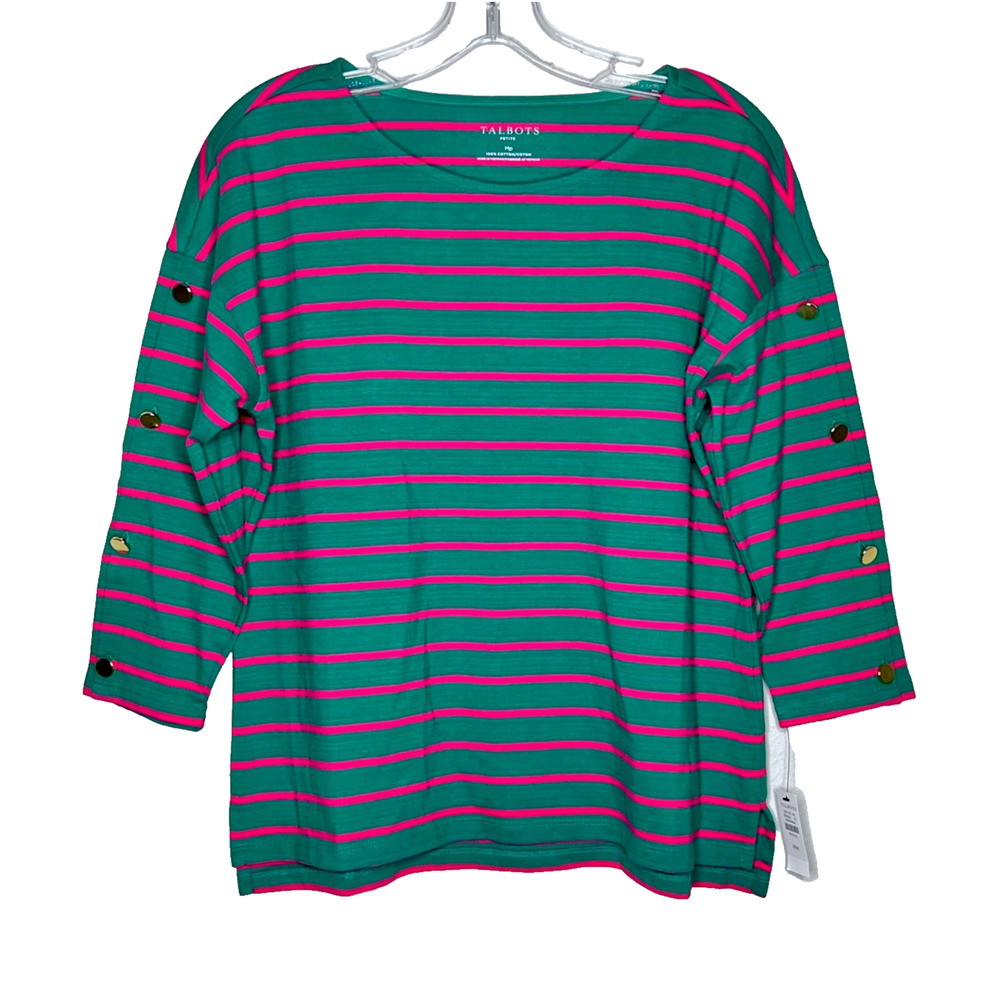 Talbots Striped Button Sleeve Crew Neck Tee